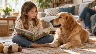 Een kind leest op het vloerkleed naast haar vertrouwde hond.