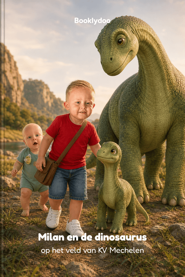 Boekomslag van Milan en de dinosaurus op het veld van KV Mechelen